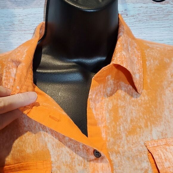 Chaus Sport Orange Tie-Dye Bleached Button Up Linen Blend Blouse Sz Med M - Picture 5 of 8